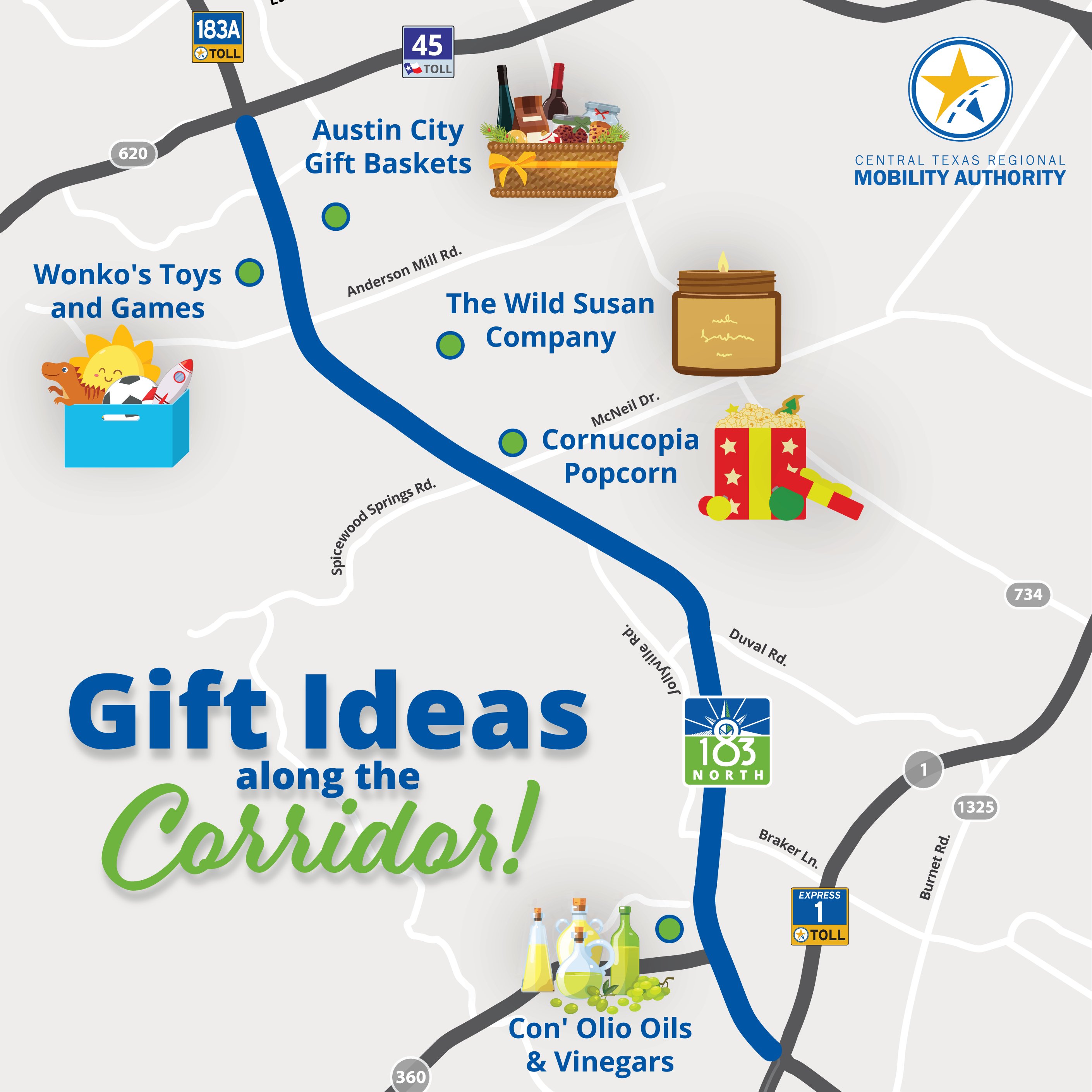 A map of locations along the 183 North Mobility Project corridor with the words, “Gift ideas along the corridor!” Cornucopia Popcorn, The Wild Susan Company, Austin City Gift Baskets, Wonko’s Toys and Games and Con’ Olio Oils & Vinegars.